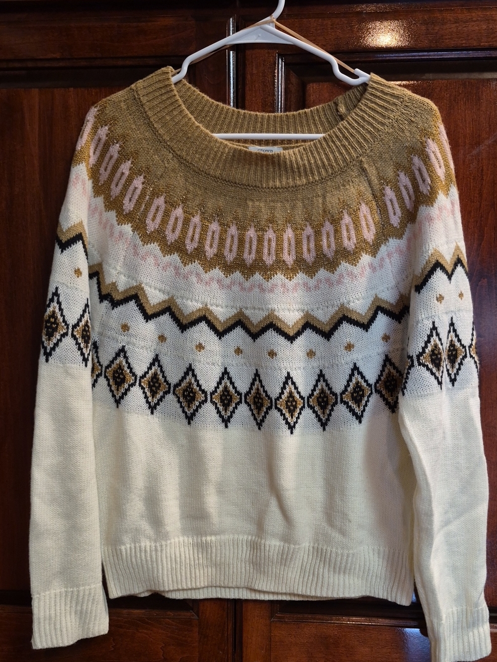 crown & ivy Cream Fair Isle Crewneck Sweater with Tan and Pink Accents